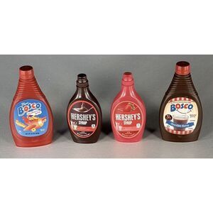 4 Mini Brands Bottles of HERSHEYS & BOSCO Strawberry & Chocolate Flavor Syrup